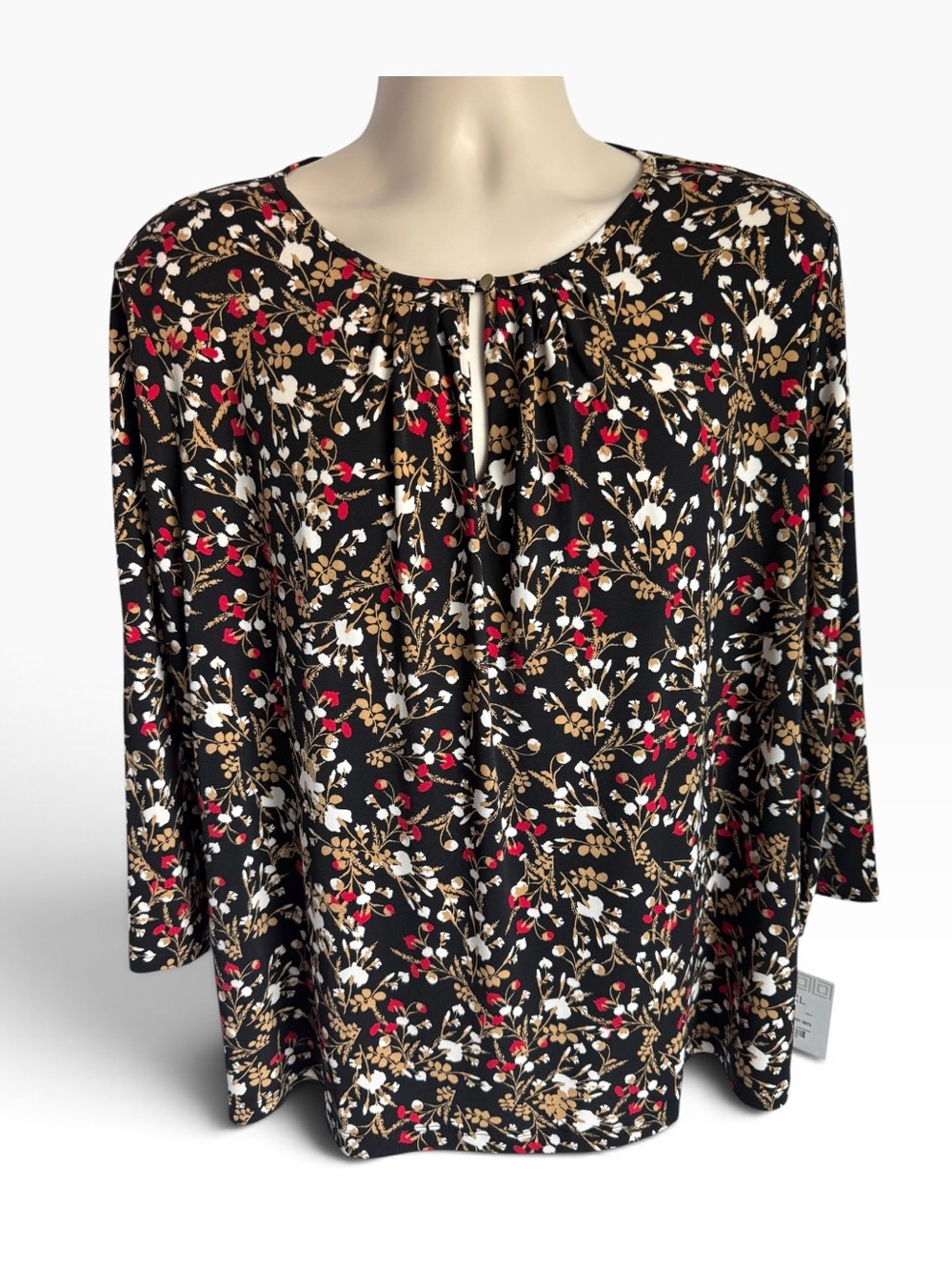 Liz Claiborne Petite XXL Black Floral Keyhole Blouse with Red & Cream Accents